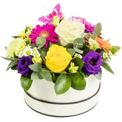 Simply The Best - A beautiful hat-box filled with a vibrant collection of flowers and foliage.