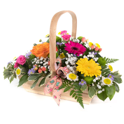 Sherbet Twist - This delightful collection of seasonal blooms is a beautiful way to send your affections. A pretty arrangement in a classic basket simply fizzing with joy and character.