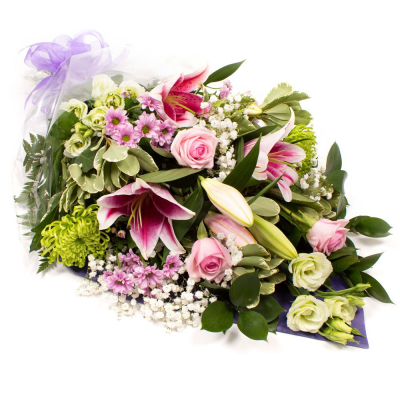 Sympathy  Flowers SYM-336 - A selection of carefully selected pink, white and green flowers and complementary foliage in cellophane.