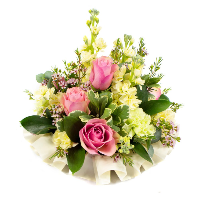 Posy SYM-342 - A petite funeral posy designed using a selection of the best available pink and cream flowers, handmade to order.